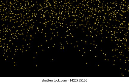 Vector gold glitter particles background effect for luxury greeting rich card. Golden rain isolated on black background. Sparkling glitter border.