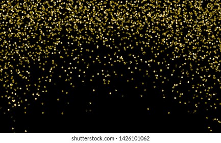 Vector gold glitter particles background effect for luxury greeting rich card. Golden rain isolated on black background. Sparkling glitter border.