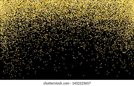 Vector gold glitter particles background effect for luxury greeting rich card. Golden rain isolated on black background. Sparkling glitter border.