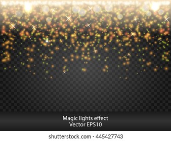 Vector gold glitter particles background effect for luxury greeting rich card. Sparkling texture. Star dust sparks in explosion on transparent background. Firework.