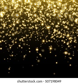 Vector gold glitter particles background effect for luxury greeting rich card. Sparkling texture. Star dust sparks in explosion on transparent background.