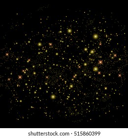 Vector gold glitter particles background effect for luxury greeting rich card. Star dust sparks in explosion on black background.