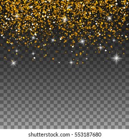 Vector gold glitter particles background effect for luxury greeting rich card. Sparkling texture. Star dust sparks in explosion on transparent background.