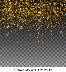Vector gold glitter particles background effect for luxury greeting rich card. Sparkling texture. Star dust sparks in explosion on transparent background.