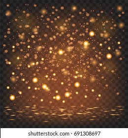 Vector gold glitter particles background effect for luxury greeting rich card. Sparkling texture. Star dust sparks in explosion on transparent background.