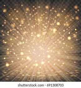 Vector gold glitter particles background effect for luxury greeting rich card. Sparkling texture. Star dust sparks in explosion on transparent background.