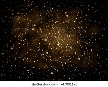 Vector gold glitter particles background for luxury greeting card. Star dust sparks in explosion on black background. Golden sparkling texture.