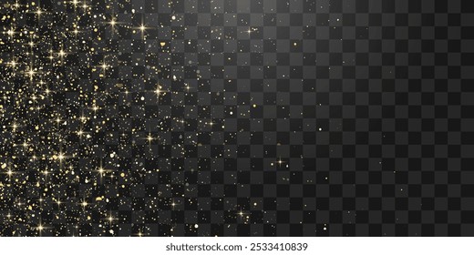 Vector gold glitter particles with texture. Shimmering gold particles with a shine effect on a transparent background. Amber-colored stardust particles on a png background. Golden burst of confetti