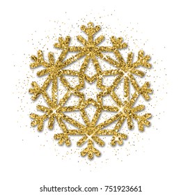 Vector gold glitter snowflake on white background. Perfect for Christmas greeting cards, invitations and decoration.