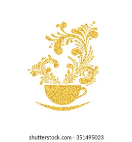 Vector Gold Glitter Sparkle Cup of Coffee with Floral Aroma Pattern Isolated on White Background