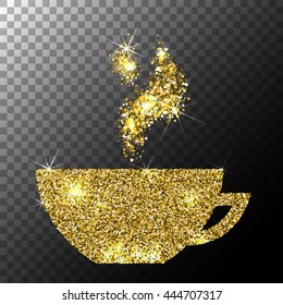 Vector Gold Glitter Sparkle Cup of Coffee with Floral Aroma Pattern Isolated on White Background