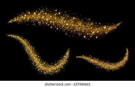 Vector Gold Glitter Trail Wave With Sparkle Particles. Sparkling Golden Magic Star Comet On Black Background