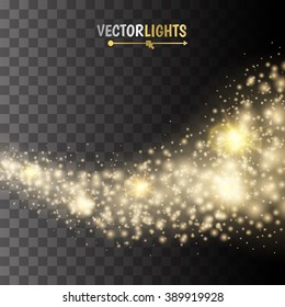 Vector gold glitter wave abstract background. Gold glittering star dust trail sparkling particles on transparent background. Magic background