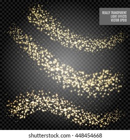 Vector gold glitter wave abstract illustration. Golden star dust trail sparkling particles isolated on transparent background. Magic concept