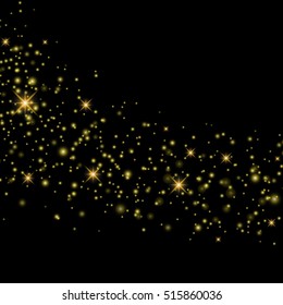 Ilustración abstracta de la onda de brillo de oro vectorial. Pista de polvo estrella dorada partículas brillantes aisladas en el fondo. Concepto de magia