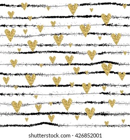 Vector Gold glittering heart confetti seamless pattern on striped background. gold black and white