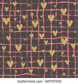 Vector Gold glittering heart confetti seamless pattern on striped background. gold black and pink