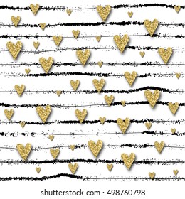 Vector Gold glittering heart confetti seamless pattern on striped background. gold black and white
