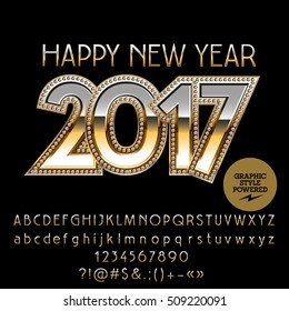 Vector gold glossy Happy New Year 2017 greeting card with set of letters, symbols and numbers. File contains graphic styles