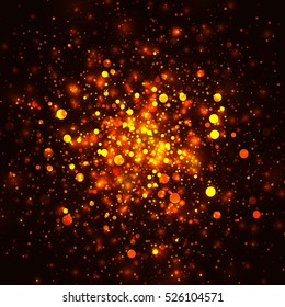 Vector gold glowing light glitter background. Christmas golden magic lights background. Star burst with sparkles on black background.