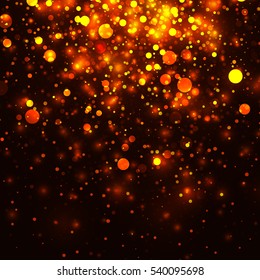 Vector gold glowing light glitter background. Christmas golden magic lights background. Star burst on dark background