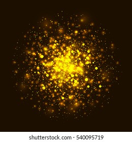 Vector gold glowing light glitter background. Christmas golden magic lights background. Star burst with sparkles on dark background