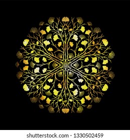 Vector gold gradient mandala vivid bright colorful vibrant glow multicolored color on black isolated background. Ornament with ginkgo leaves patterns. Holographic round trendy design