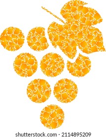 Vector gold grape bunch mosaic icon. Grape bunch is isolated on a white background. Gold particles pattern based on grape bunch icon. Mosaic grape bunch iconic image is formed of yellow parts.