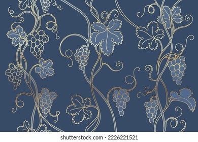 Vector gold Grapevines seamless background. Golden line leaves and grape banches on blue background Fabric, Wallpaper, Invitations pattern