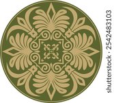 Vector gold with green classic Greek round ornament. Circle of Ancient Greece and the Roman Empire. Byzantine painting of walls, floors and ceilings. Decoration of European palaces.
