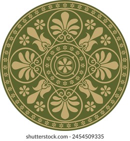 Vector gold with green classic Greek round ornament. Circle of Ancient Greece and the Roman Empire. Byzantine painting of walls, floors and ceilings. Decoration of European palaces.

