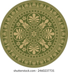 Vector gold with green classic Greek round ornament. Circle of Ancient Greece and the Roman Empire. Byzantine painting of walls, floors and ceilings. Decoration of European palaces.
