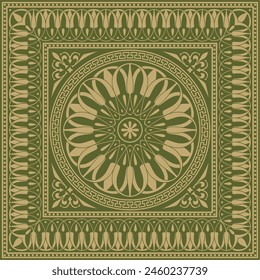 Vector gold with green classic Greek square ornament. Rectangle of Ancient Greece and Roman Empire. Byzantine painting of walls, floors and ceilings. Decoration of European palaces.
