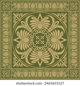 Vector gold with green classic Greek square ornament. Rectangle of Ancient Greece and Roman Empire. Byzantine painting of walls, floors and ceilings. Decoration of European palaces.
