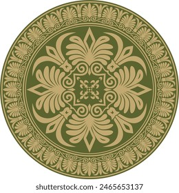Vector gold with green classic Greek round ornament. Circle of Ancient Greece and the Roman Empire. Byzantine painting of walls, floors and ceilings. Decoration of European palaces.
