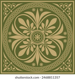 Vector gold with green classic Greek square ornament. Rectangle of Ancient Greece and Roman Empire. Byzantine painting of walls, floors and ceilings. Decoration of European palaces.
