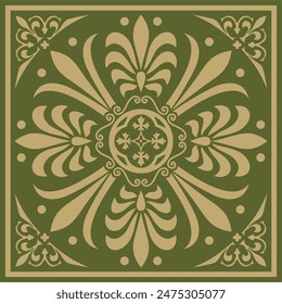 Vector gold with green classic Greek square ornament. Rectangle of Ancient Greece and Roman Empire. Byzantine painting of walls, floors and ceilings. Decoration of European palaces.
