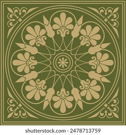 Vector gold with green classic Greek square ornament. Rectangle of Ancient Greece and Roman Empire. Byzantine painting of walls, floors and ceilings. Decoration of European palaces.
