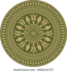 Vector gold with green classic Greek round ornament. Circle of Ancient Greece and the Roman Empire. Byzantine painting of walls, floors and ceilings. Decoration of European palaces.
