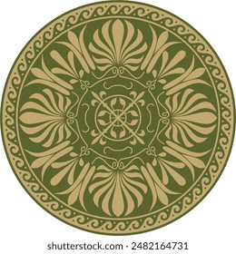 Vector gold with green classic Greek round ornament. Circle of Ancient Greece and the Roman Empire. Byzantine painting of walls, floors and ceilings. Decoration of European palaces.
