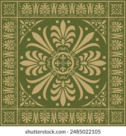 Vector gold with green classic Greek square ornament. Rectangle of Ancient Greece and Roman Empire. Byzantine painting of walls, floors and ceilings. Decoration of European palaces.
