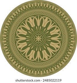 Vector gold with green classic Greek round ornament. Circle of Ancient Greece and the Roman Empire. Byzantine painting of walls, floors and ceilings. Decoration of European palaces.
