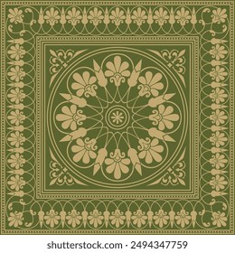 Vector gold with green classic Greek square ornament. Rectangle of Ancient Greece and Roman Empire. Byzantine painting of walls, floors and ceilings. Decoration of European palaces.
