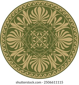 Vector gold with green classic Greek round ornament. Circle of Ancient Greece and the Roman Empire. Byzantine painting of walls, floors and ceilings. Decoration of European palaces.
