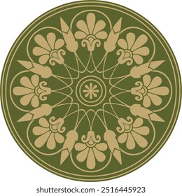 Vector gold with green classic Greek round ornament. Circle of Ancient Greece and the Roman Empire. Byzantine painting of walls, floors and ceilings. Decoration of European palaces.
