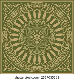 Vector gold with green classic Greek square ornament. Rectangle of Ancient Greece and Roman Empire. Byzantine painting of walls, floors and ceilings. Decoration of European palaces.
