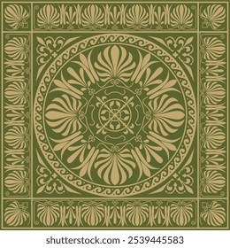 Vector gold with green classic Greek square ornament. Rectangle of Ancient Greece and Roman Empire. Byzantine painting of walls, floors and ceilings. Decoration of European palaces.
