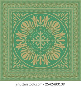 Vector gold with green classic Greek square ornament. Rectangle of Ancient Greece and Roman Empire. Byzantine painting of walls, floors and ceilings. Decoration of European palaces.
