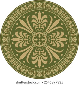 Vector gold with green classic Greek round ornament. Circle of Ancient Greece and the Roman Empire. Byzantine painting of walls, floors and ceilings. Decoration of European palaces.
