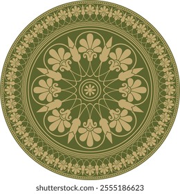 Vector gold with green classic Greek round ornament. Circle of Ancient Greece and the Roman Empire. Byzantine painting of walls, floors and ceilings. Decoration of European palaces.
